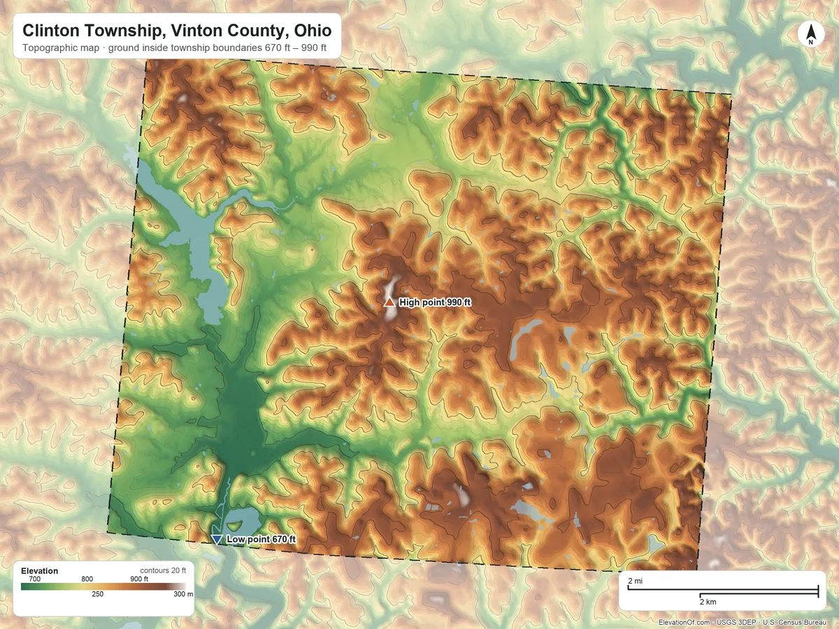 Topographic elevation map of Clinton Township, Vinton County, Ohio, shaded from 670 ft on the southwest side to 990 ft on the northeast side