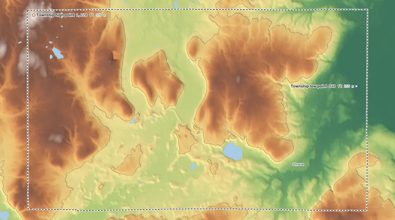 Topographic elevation map of Clinton Township, Wayne County, Ohio, shaded from 840 ft on the northeast side to 1,220 ft on the northwest side