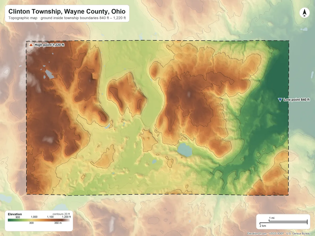 Topographic elevation map of Clinton Township, Wayne County, Ohio, shaded from 840 ft on the northeast side to 1,220 ft on the northwest side
