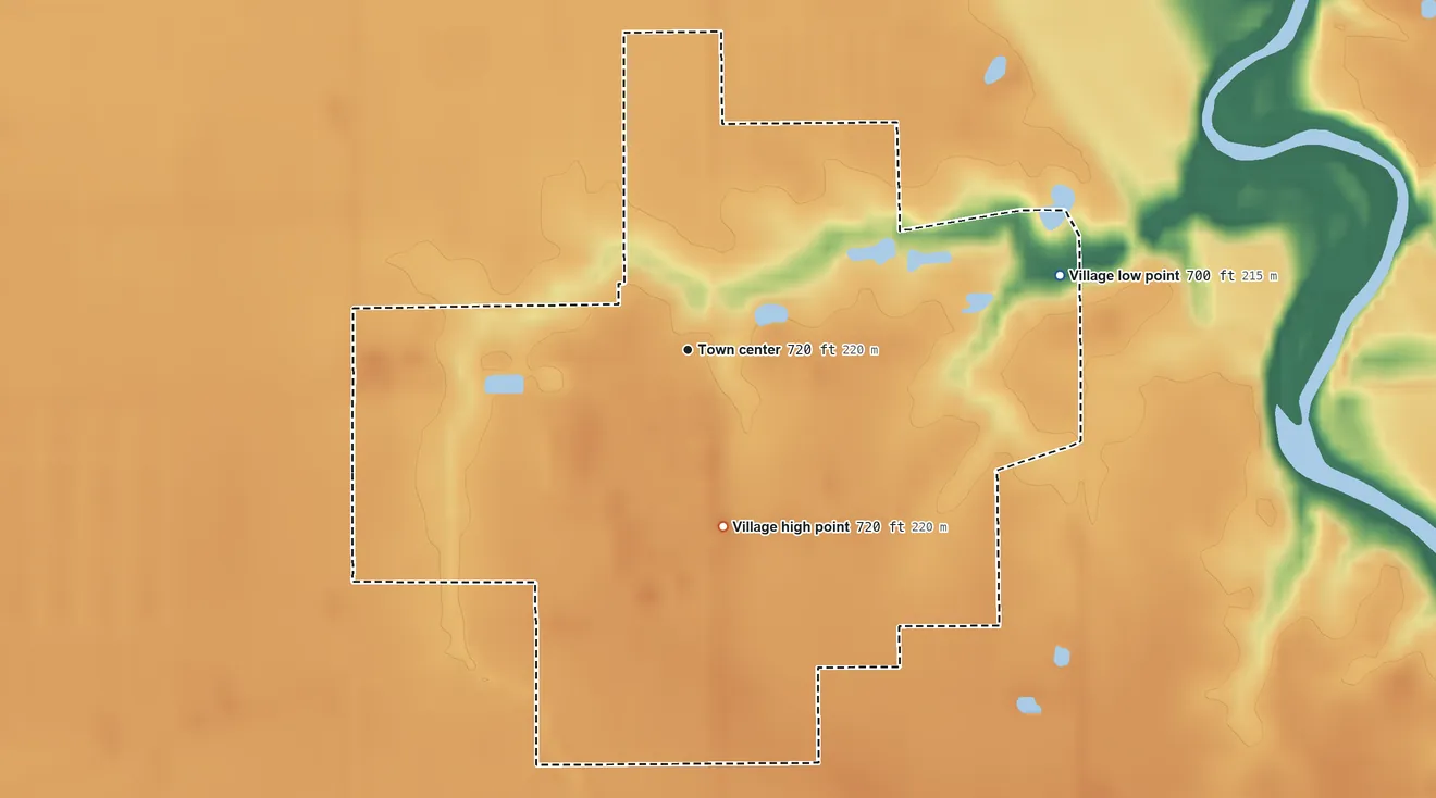 Topographic elevation map of Cloverdale, Ohio, shaded from 700 ft on the east side to 720 ft on the south side