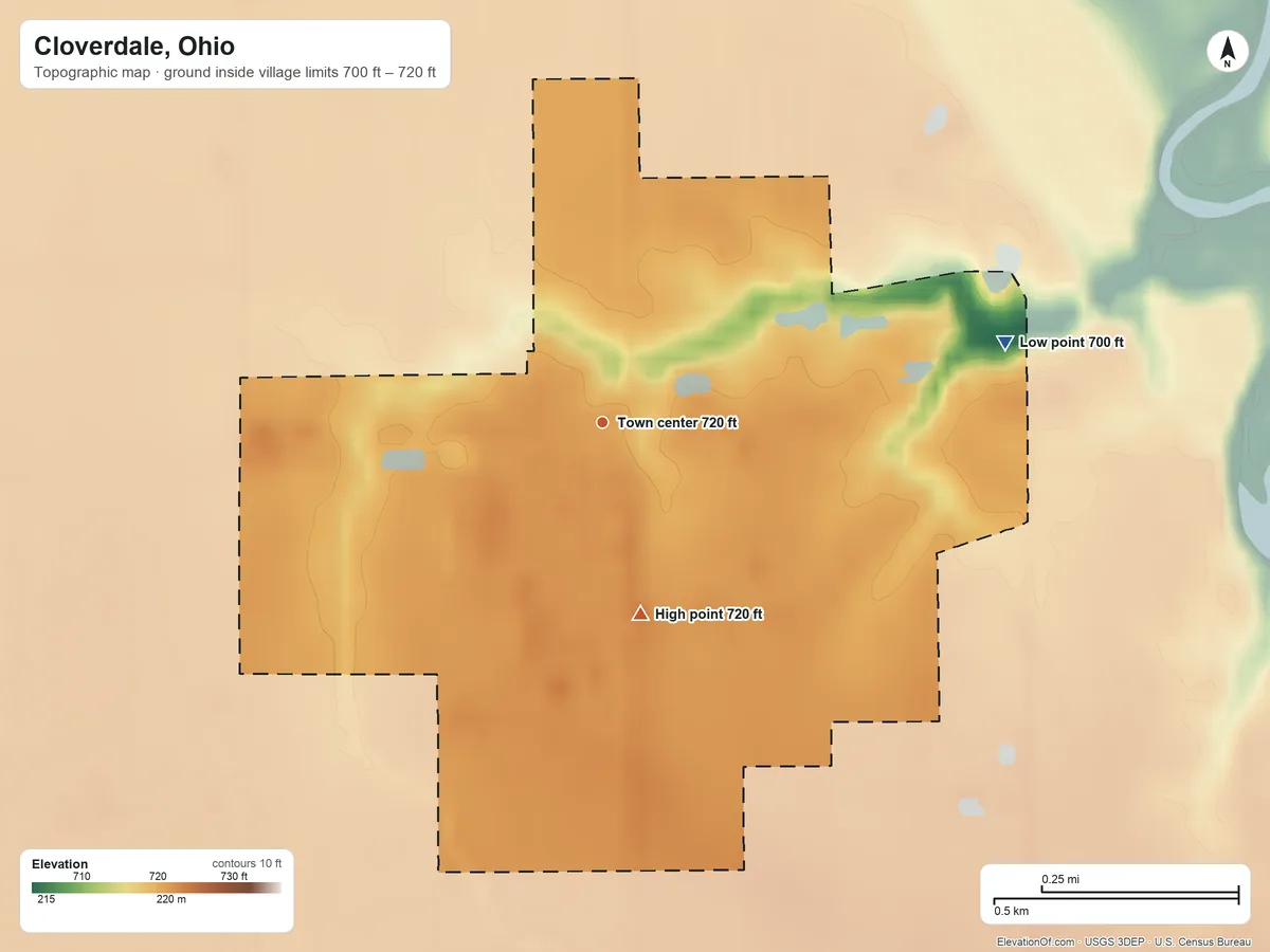 Topographic elevation map of Cloverdale, Ohio, shaded from 700 ft on the east side to 720 ft on the south side
