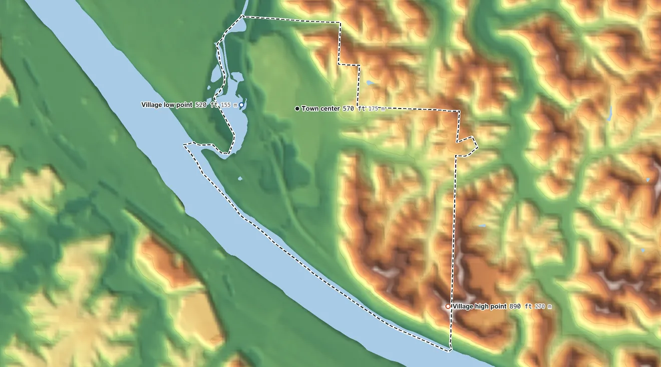 Topographic elevation map of Coal Grove, Ohio, shaded from 520 ft on the west side to 890 ft on the southeast side