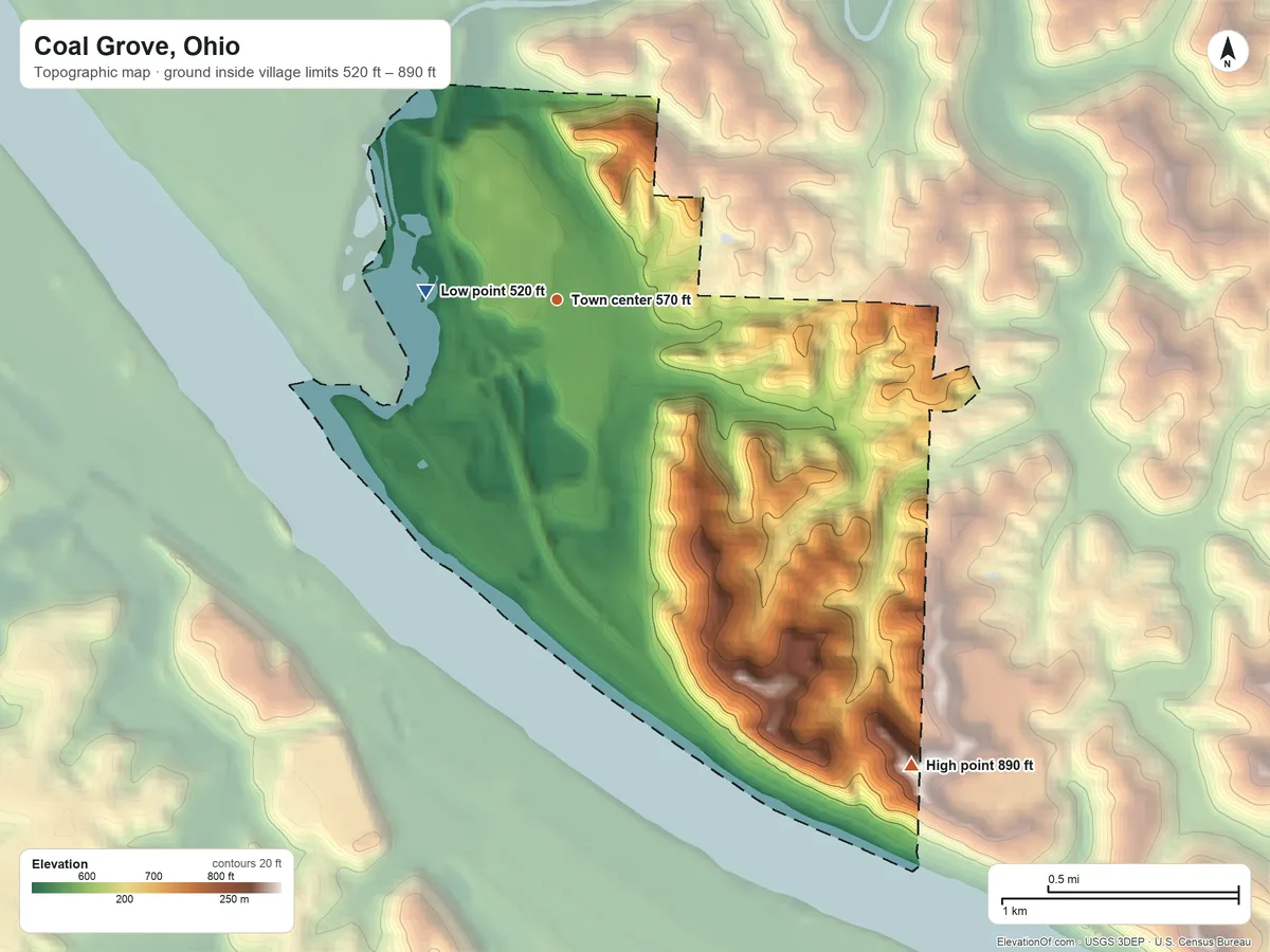 Topographic elevation map of Coal Grove, Ohio, shaded from 520 ft on the west side to 890 ft on the southeast side