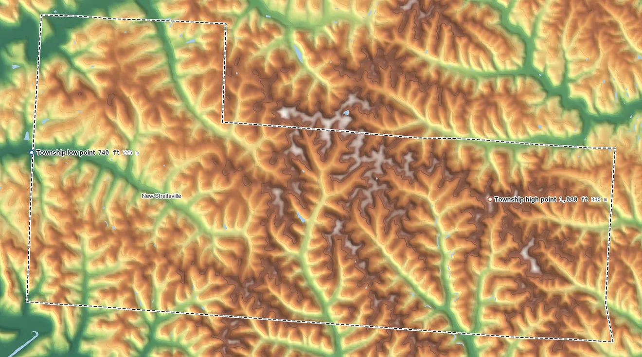 Topographic elevation map of Coal Township, Perry County, Ohio, shaded from 740 ft on the west side to 1,080 ft on the east side