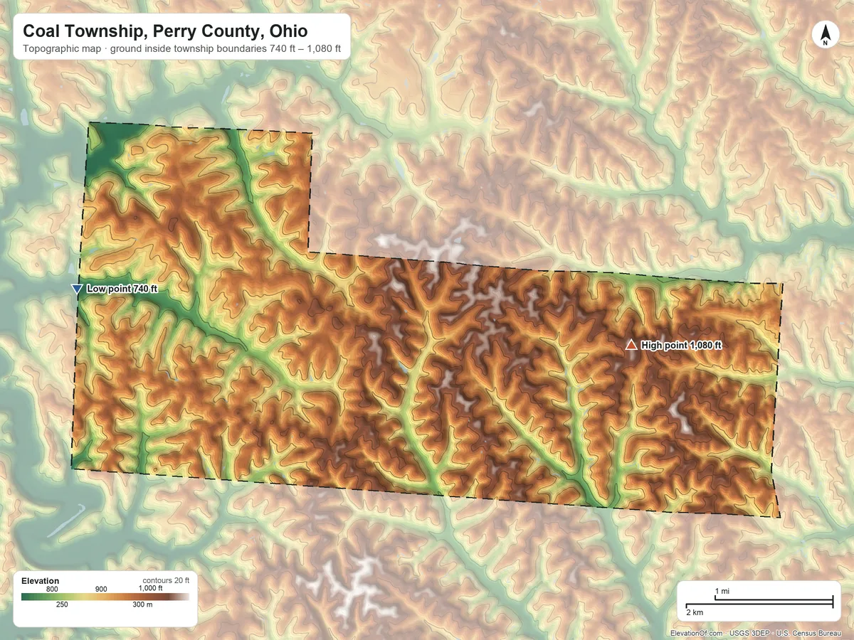 Topographic elevation map of Coal Township, Perry County, Ohio, shaded from 740 ft on the west side to 1,080 ft on the east side