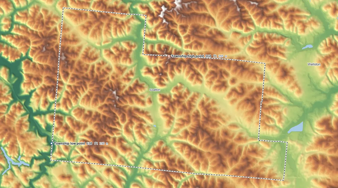 Topographic elevation map of Coal Township, Ohio, shaded from 630 ft on the west side to 960 ft on the north side