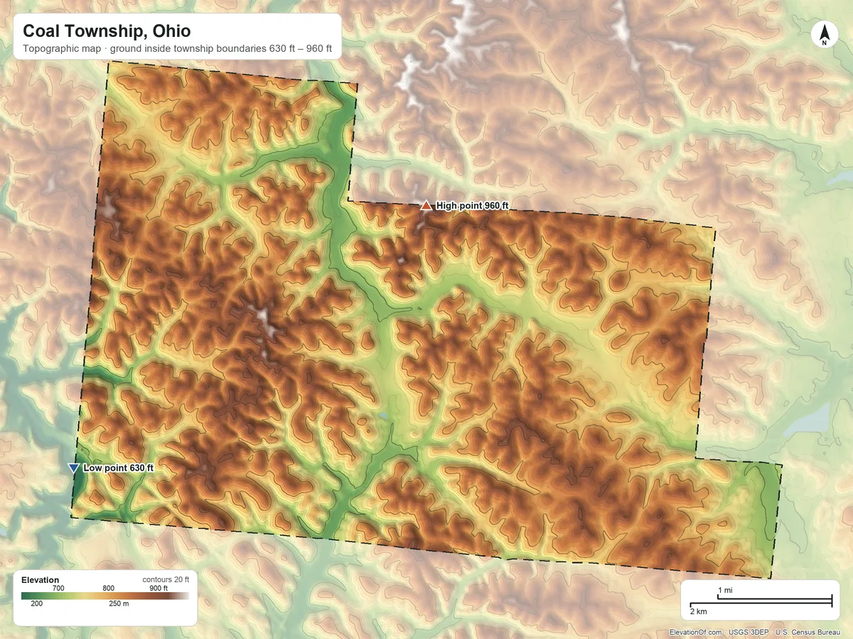 Topographic elevation map of Coal Township, Ohio, shaded from 630 ft on the west side to 960 ft on the north side