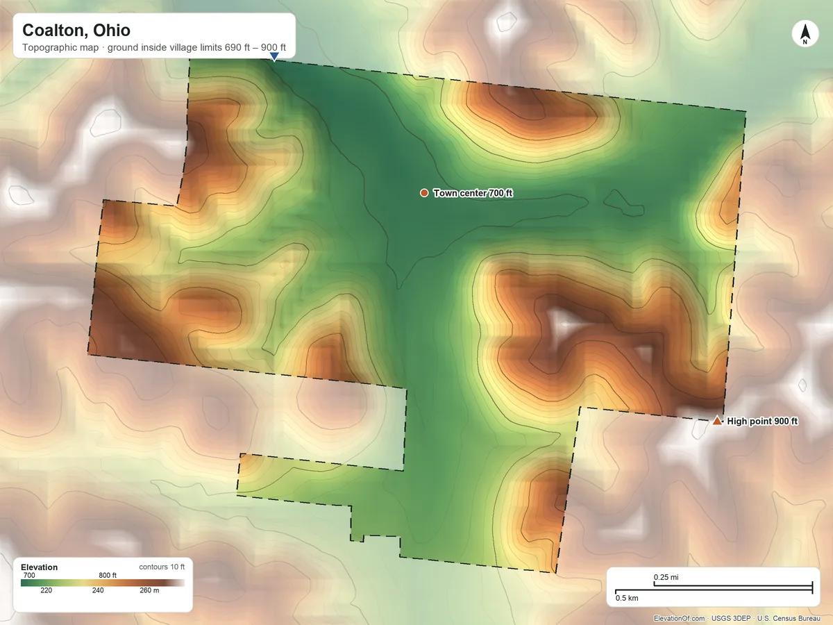 Topographic elevation map of Coalton, Ohio, shaded from 690 ft on the northwest side to 900 ft on the southeast side