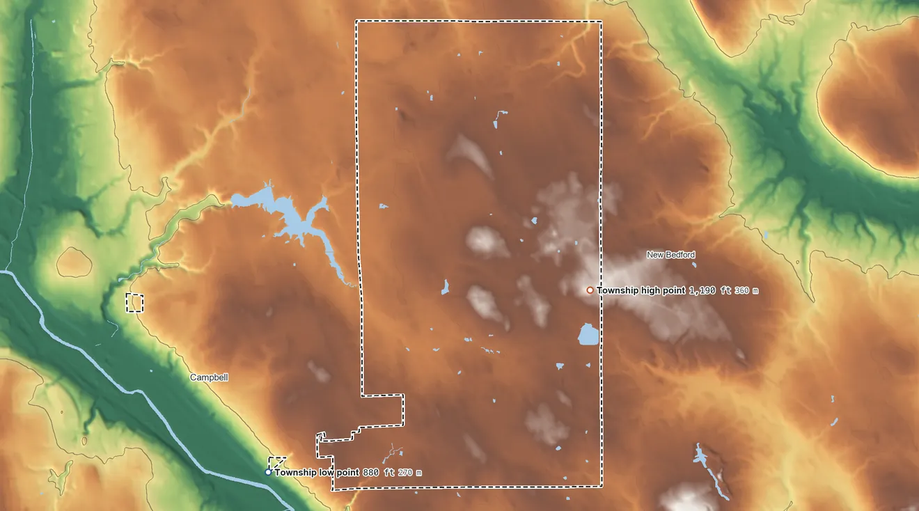 Topographic elevation map of Coitsville Township, Ohio, shaded from 880 ft on the southwest side to 1,190 ft on the east side