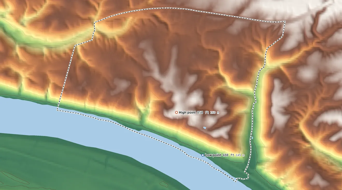 Topographic elevation map of Coldstream, Ohio, shaded from 480 ft on the southeast side to 850 ft on the southeast side