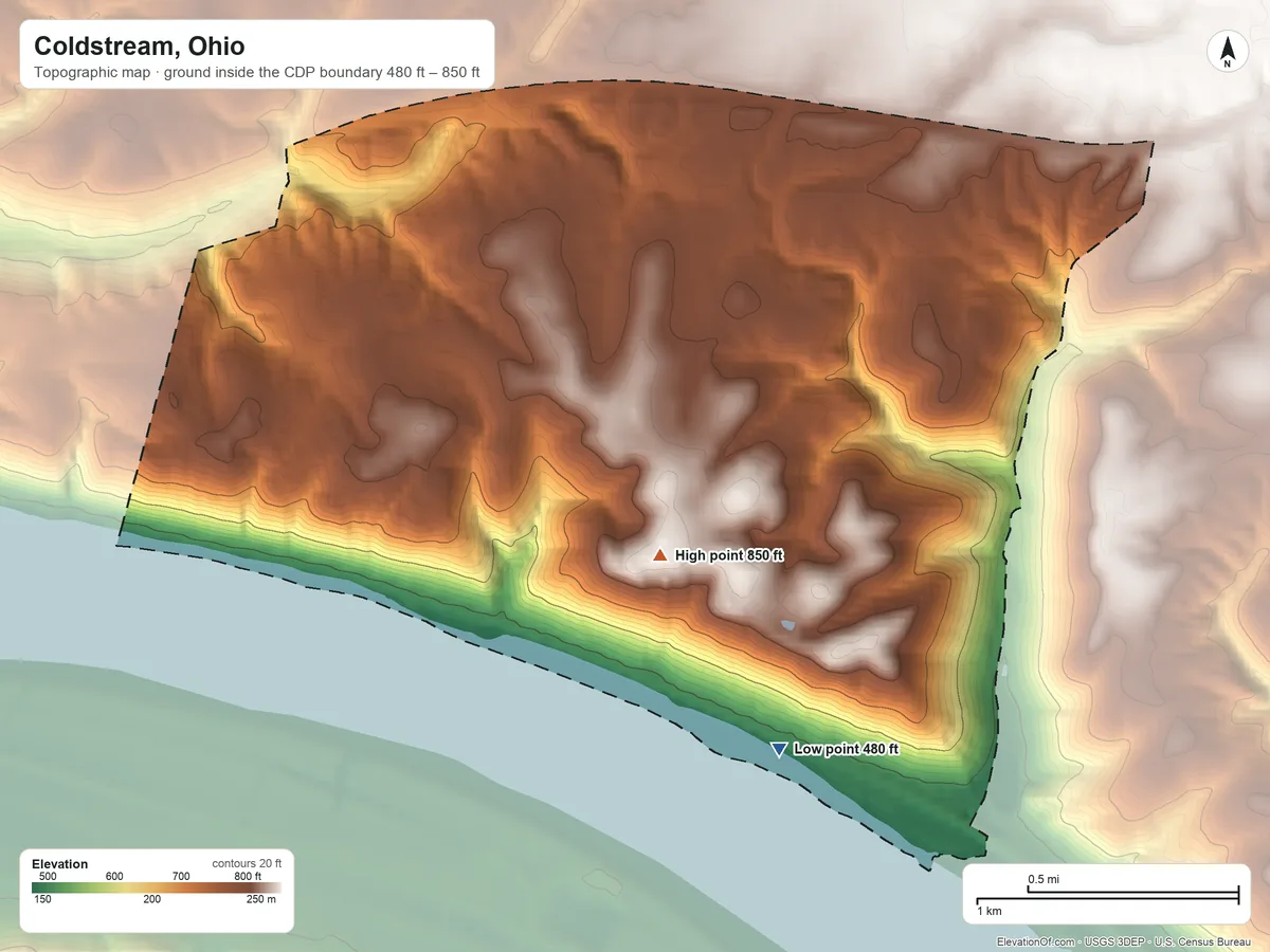 Topographic elevation map of Coldstream, Ohio, shaded from 480 ft on the southeast side to 850 ft on the southeast side