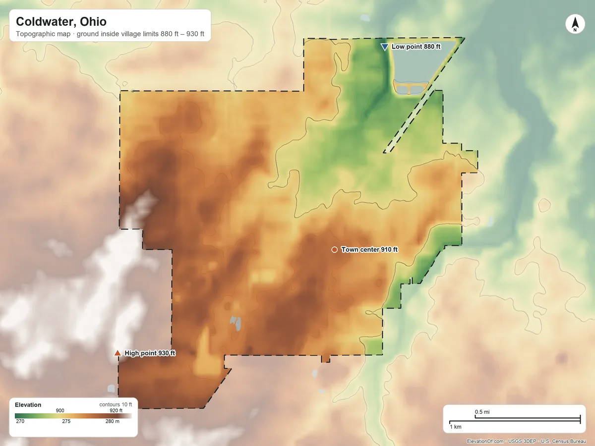 Topographic elevation map of Coldwater, Ohio, shaded from 880 ft on the north side to 930 ft on the southwest side