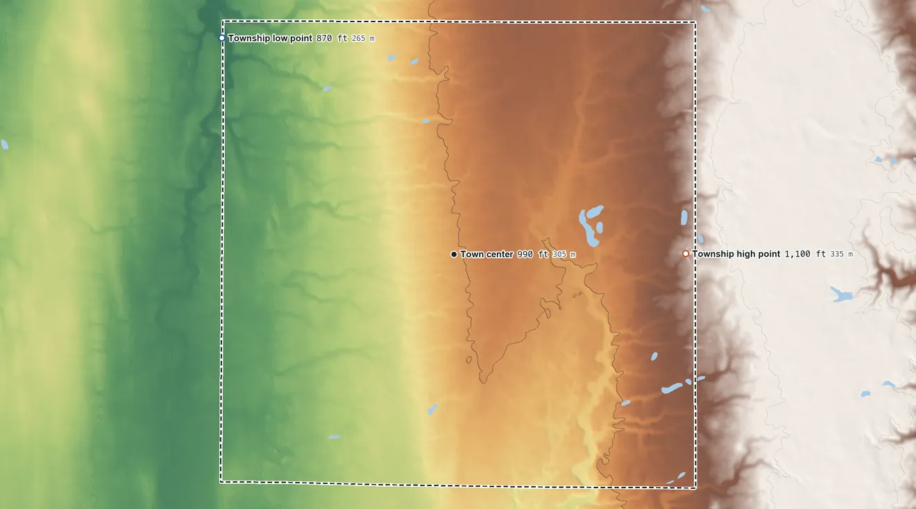 Topographic elevation map of Colebrook Township, Ohio, shaded from 870 ft on the northwest side to 1,100 ft on the east side