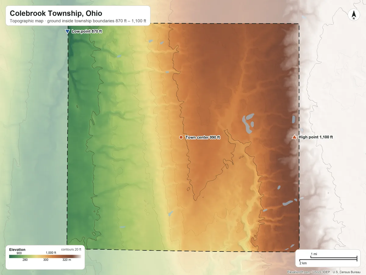 Topographic elevation map of Colebrook Township, Ohio, shaded from 870 ft on the northwest side to 1,100 ft on the east side