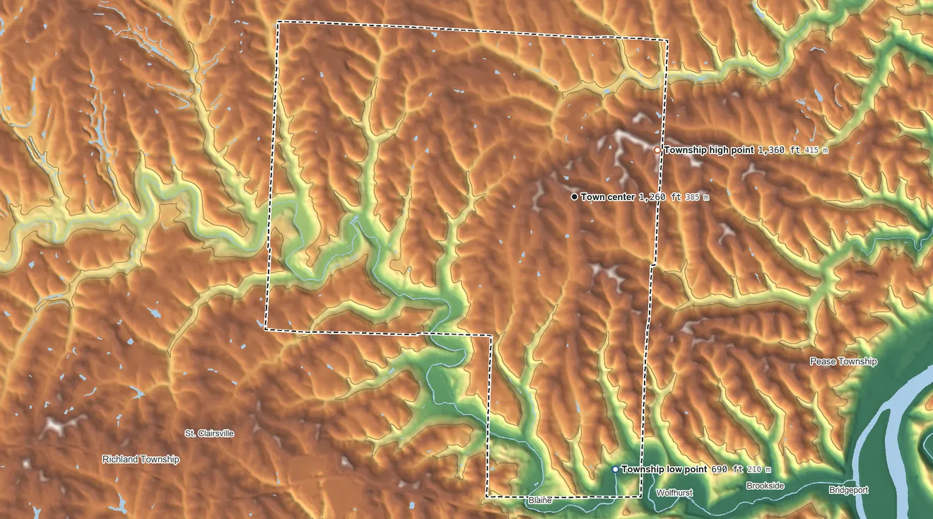 Topographic elevation map of Colerain Township, Belmont County, Ohio, shaded from 690 ft on the south side to 1,360 ft on the northeast side