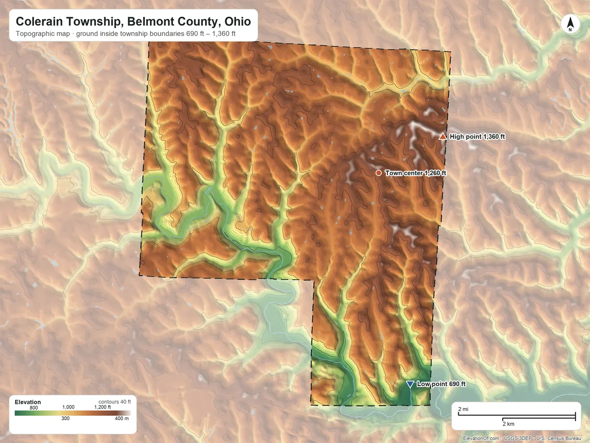 Topographic elevation map of Colerain Township, Belmont County, Ohio, shaded from 690 ft on the south side to 1,360 ft on the northeast side