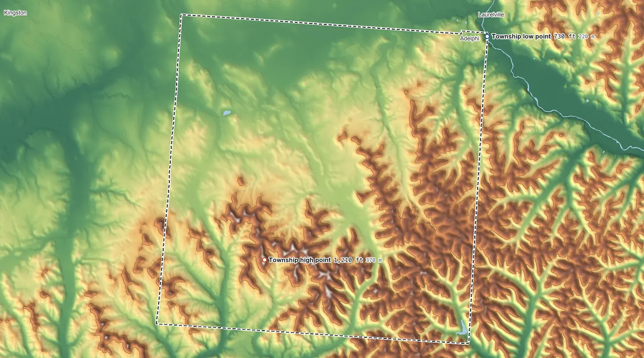 Topographic elevation map of Colerain Township, Ross County, Ohio, shaded from 730 ft on the northeast side to 1,210 ft on the southwest side