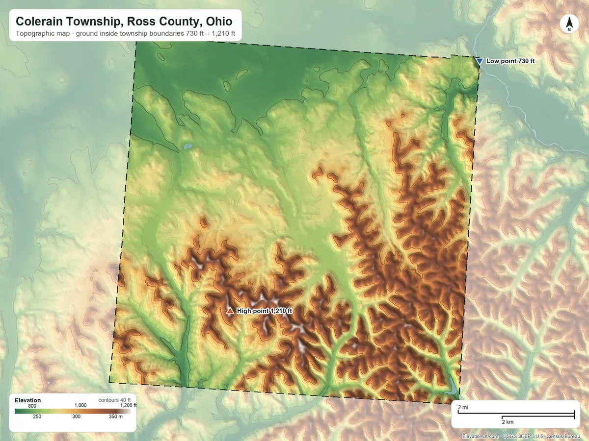Topographic elevation map of Colerain Township, Ross County, Ohio, shaded from 730 ft on the northeast side to 1,210 ft on the southwest side