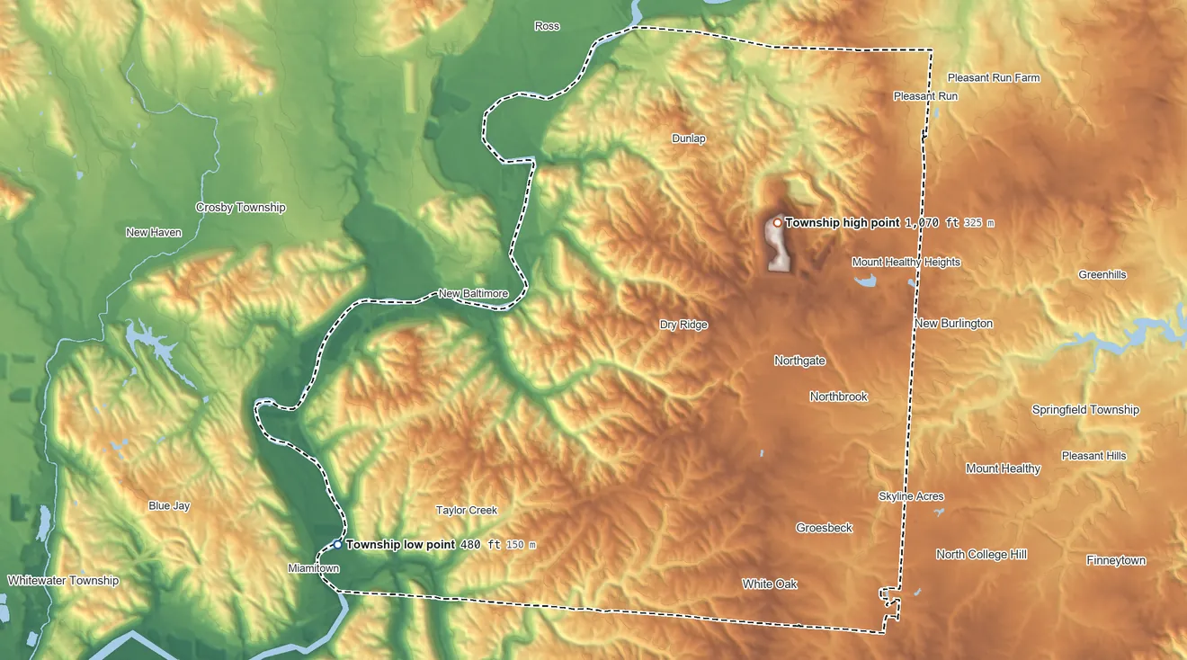 Topographic elevation map of Colerain Township, Ohio, shaded from 480 ft on the west side to 1,070 ft on the north side