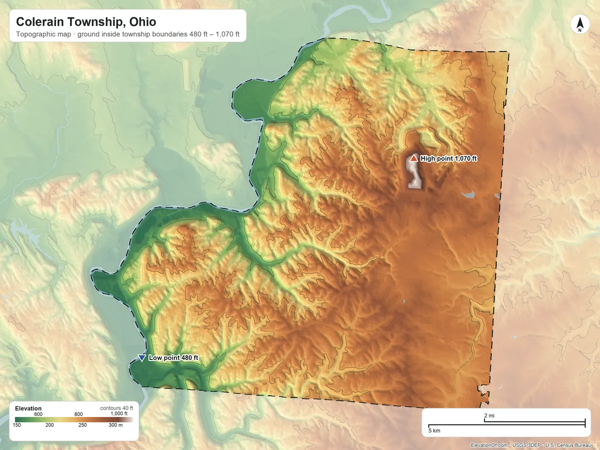 Topographic elevation map of Colerain Township, Ohio, shaded from 480 ft on the west side to 1,070 ft on the north side