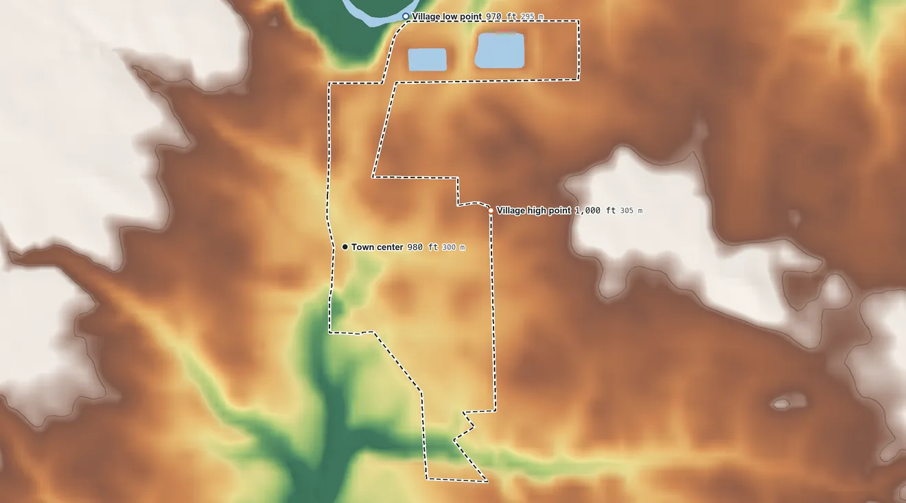 Topographic elevation map of College Corner, Ohio, shaded from 970 ft on the north side to 1,000 ft on the east side