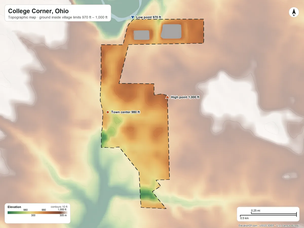 Topographic elevation map of College Corner, Ohio, shaded from 970 ft on the north side to 1,000 ft on the east side
