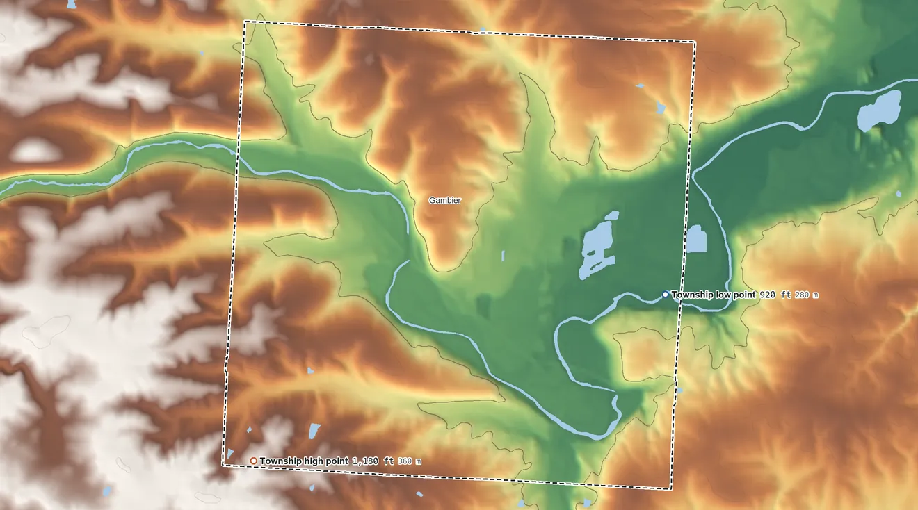 Topographic elevation map of College Township, Ohio, shaded from 920 ft on the southeast side to 1,180 ft on the southwest side