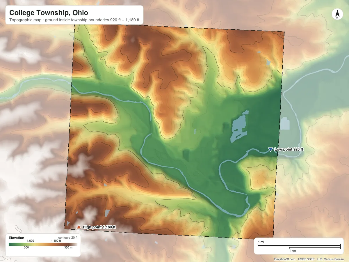 Topographic elevation map of College Township, Ohio, shaded from 920 ft on the southeast side to 1,180 ft on the southwest side