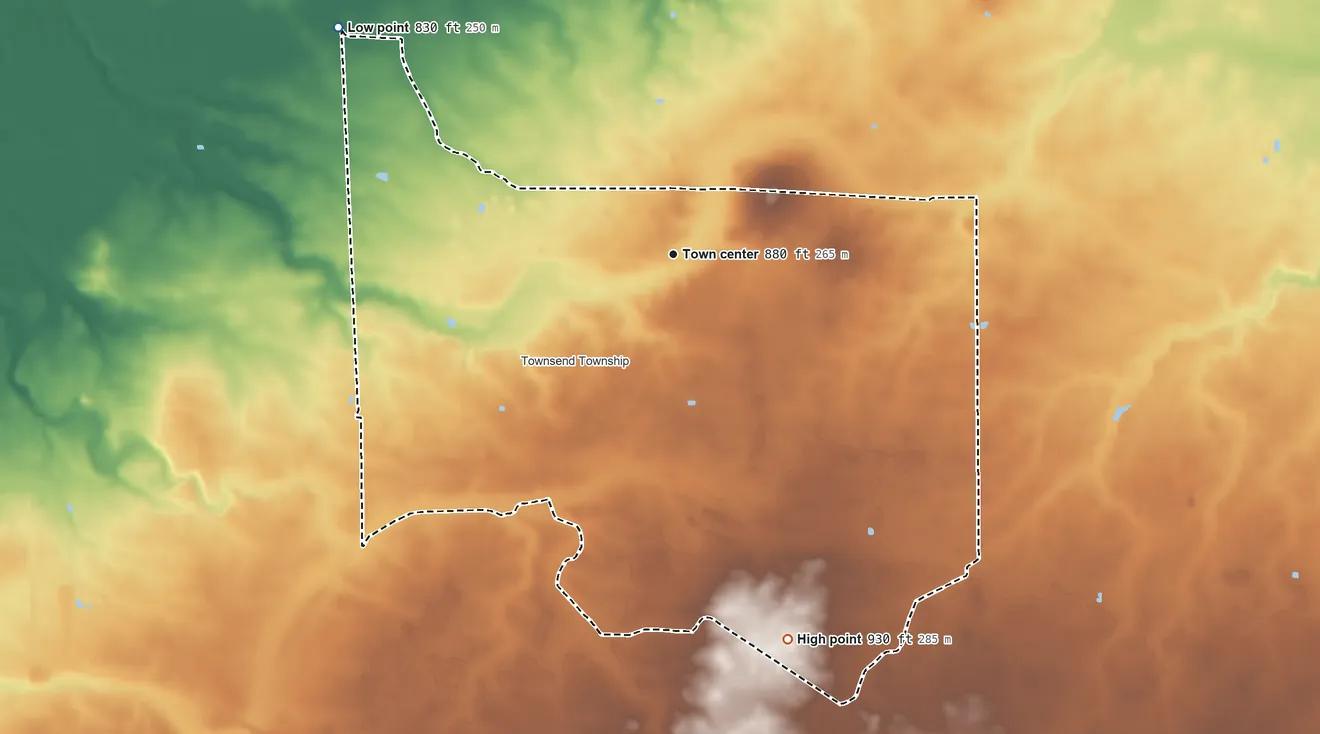 Topographic elevation map of Collins, Ohio, shaded from 830 ft on the northwest side to 930 ft on the south side