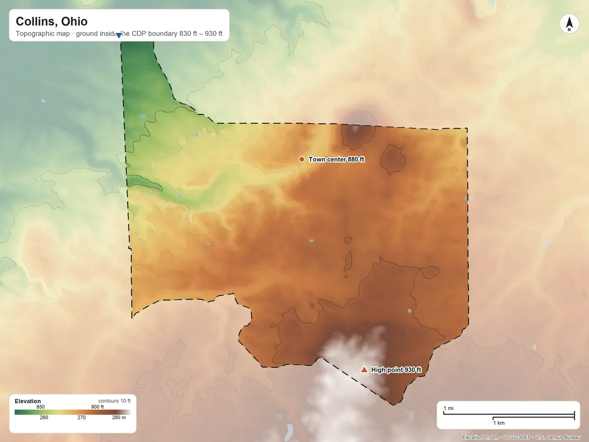 Topographic elevation map of Collins, Ohio, shaded from 830 ft on the northwest side to 930 ft on the south side