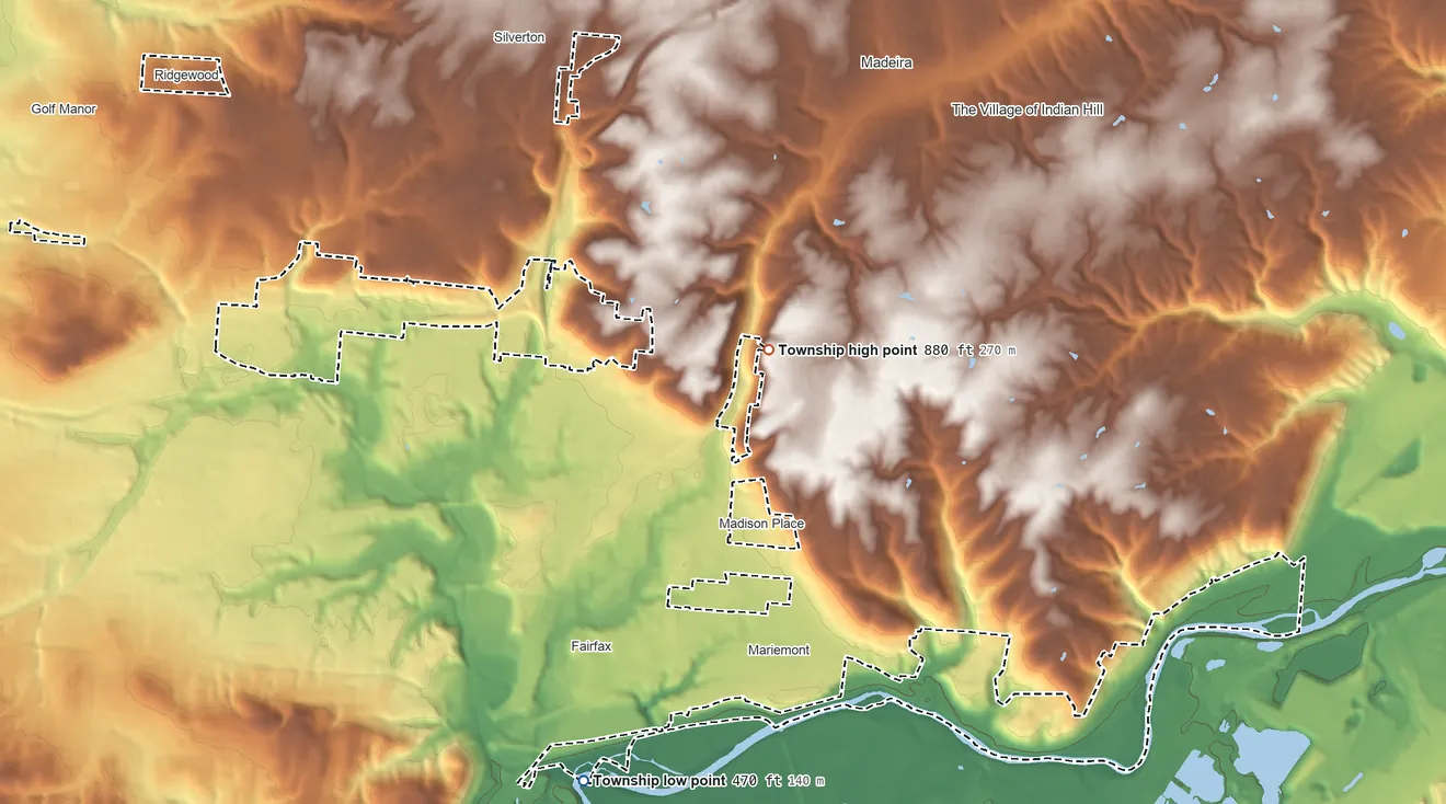 Topographic elevation map of Columbia Township, Hamilton County, Ohio, shaded from 470 ft on the south side to 880 ft near the middle