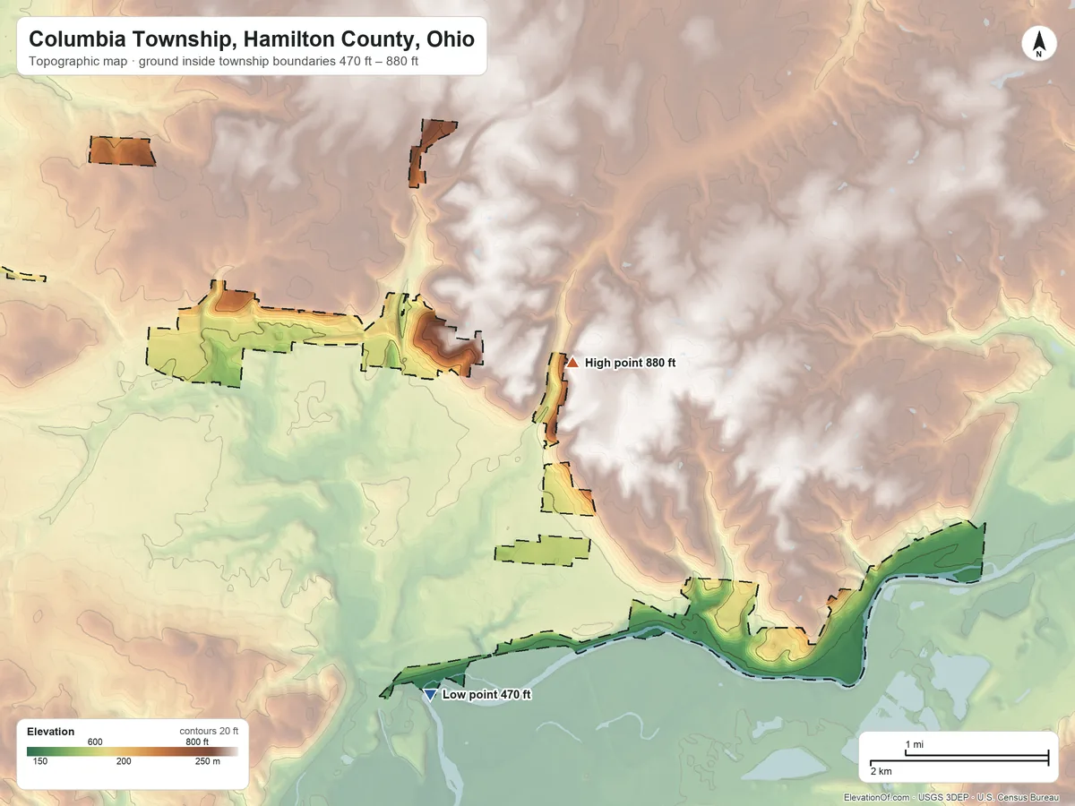 Topographic elevation map of Columbia Township, Hamilton County, Ohio, shaded from 470 ft on the south side to 880 ft near the middle