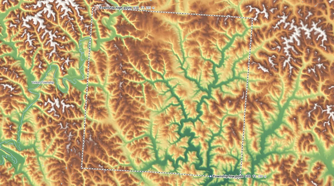 Topographic elevation map of Columbia Township, Meigs County, Ohio, shaded from 600 ft on the southeast side to 930 ft on the northwest side