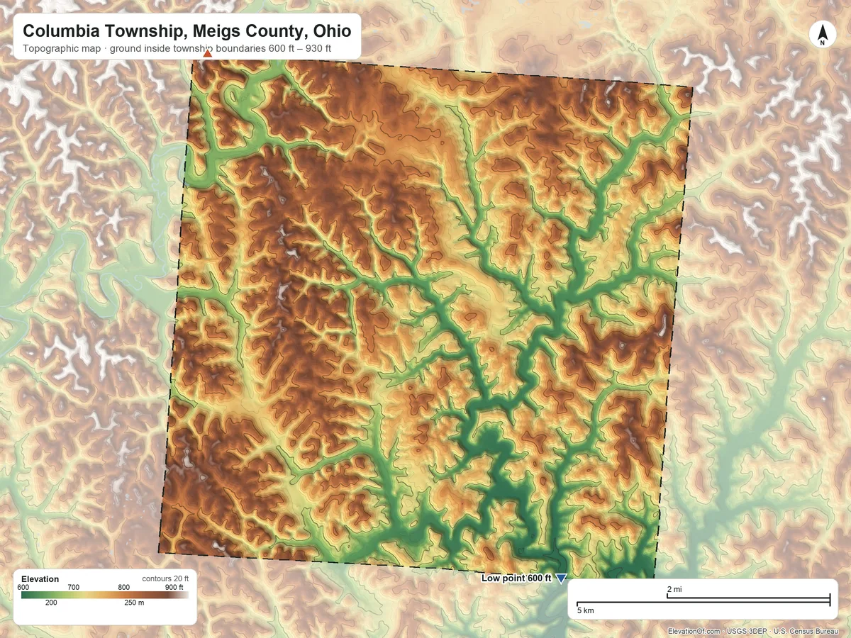 Topographic elevation map of Columbia Township, Meigs County, Ohio, shaded from 600 ft on the southeast side to 930 ft on the northwest side