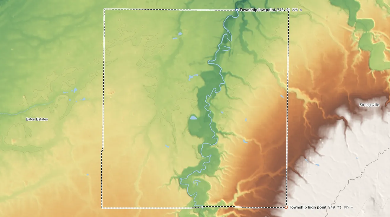 Topographic elevation map of Columbia Township, Ohio, shaded from 740 ft on the north side to 940 ft on the southeast side