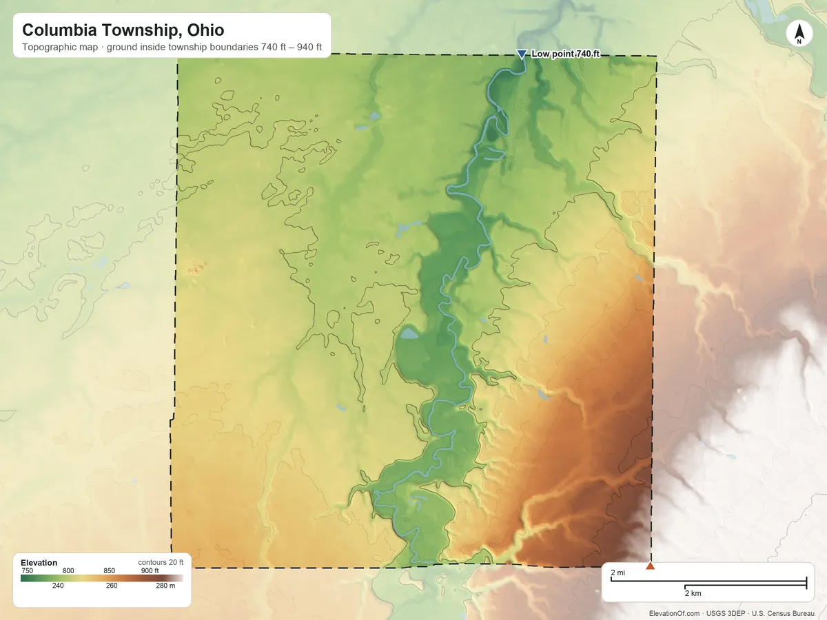 Topographic elevation map of Columbia Township, Ohio, shaded from 740 ft on the north side to 940 ft on the southeast side