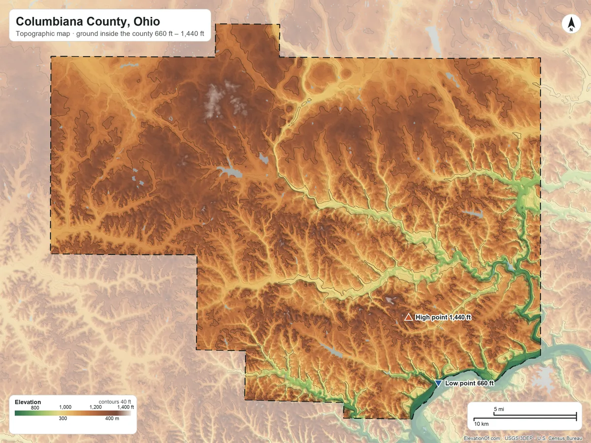 Topographic elevation map of Columbiana County, Ohio, shaded from 660 ft on the southeast side to 1,440 ft on Round Knob
