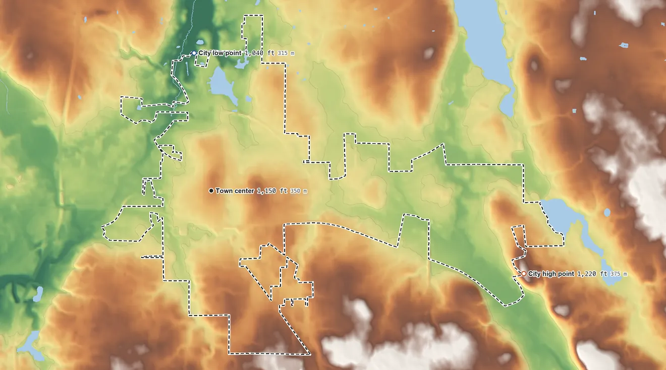 Topographic elevation map of Columbiana, Ohio, shaded from 1,040 ft on the north side to 1,220 ft on the east side