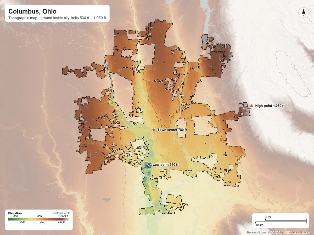 Topographic elevation map of Columbus, Ohio, shaded from 530 ft on the south side to 1,050 ft on the east side