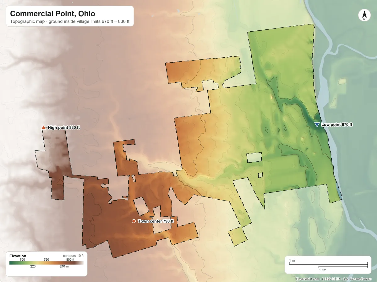 Topographic elevation map of Commercial Point, Ohio, shaded from 670 ft on the northeast side to 830 ft on the northwest side