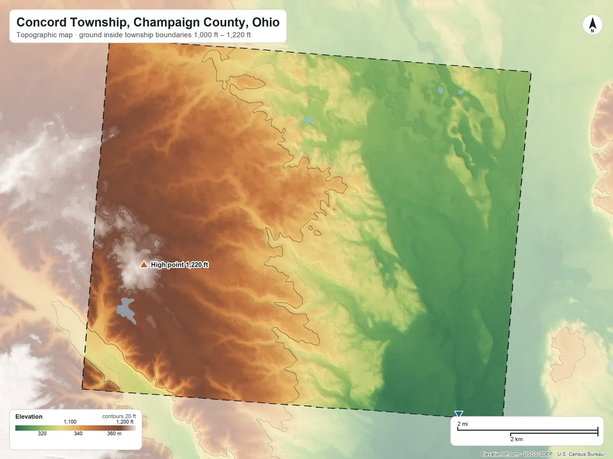 Topographic elevation map of Concord Township, Champaign County, Ohio, shaded from 1,000 ft on the southeast side to 1,220 ft on the west side