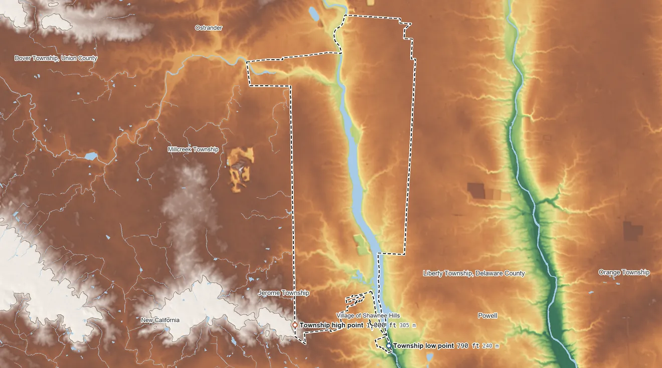 Topographic elevation map of Concord Township, Delaware County, Ohio, shaded from 790 ft on the south side to 1,000 ft on the southwest side