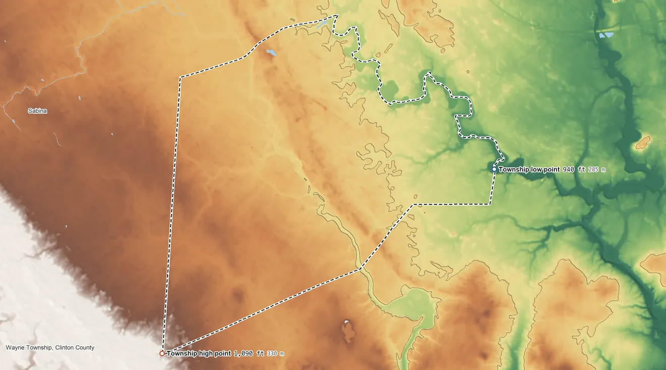 Topographic elevation map of Concord Township, Fayette County, Ohio, shaded from 940 ft on the east side to 1,090 ft on the southwest side