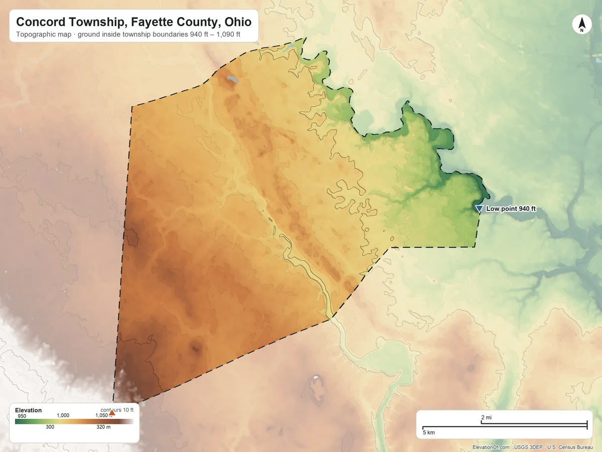 Topographic elevation map of Concord Township, Fayette County, Ohio, shaded from 940 ft on the east side to 1,090 ft on the southwest side