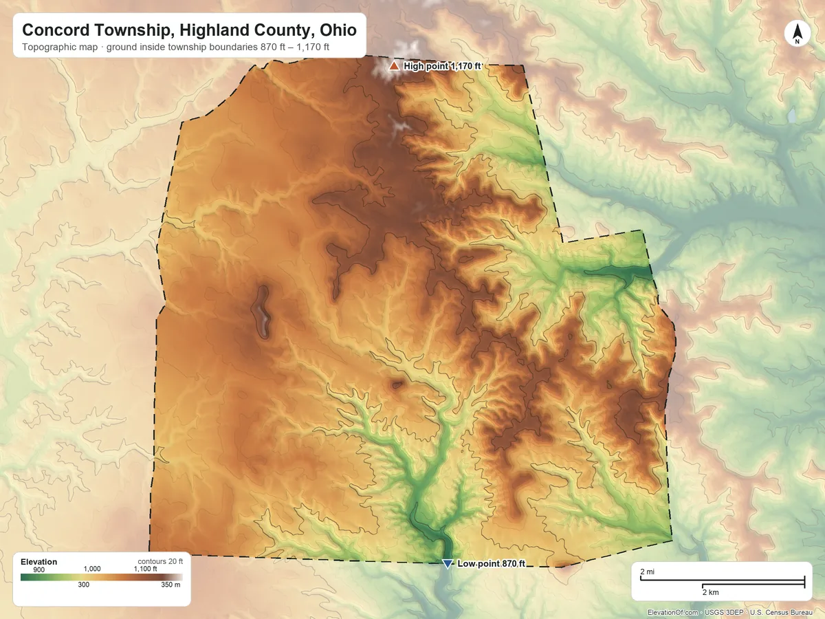 Topographic elevation map of Concord Township, Highland County, Ohio, shaded from 870 ft on the south side to 1,170 ft on the north side