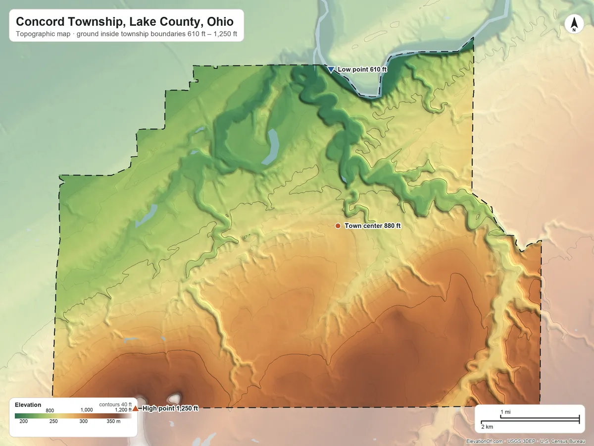 Topographic elevation map of Concord Township, Lake County, Ohio, shaded from 610 ft on the north side to 1,250 ft on the southwest side
