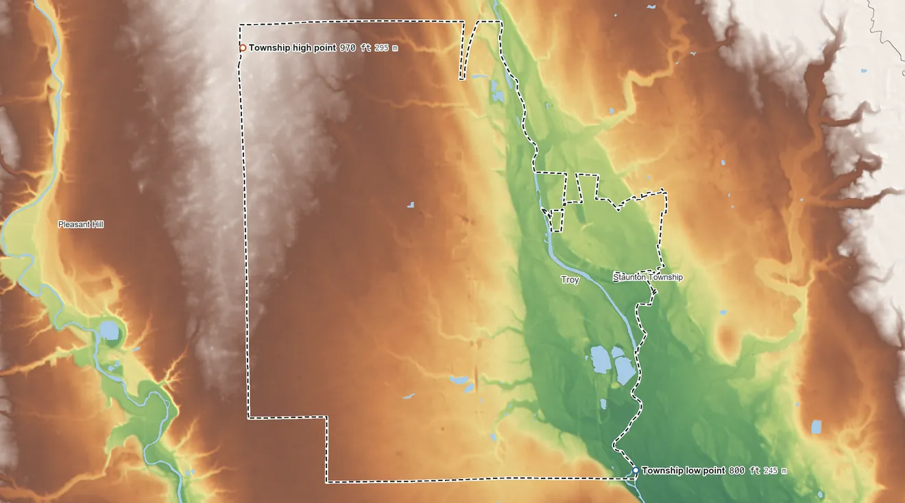Topographic elevation map of Concord Township, Ohio, shaded from 800 ft on the southeast side to 970 ft on the northwest side