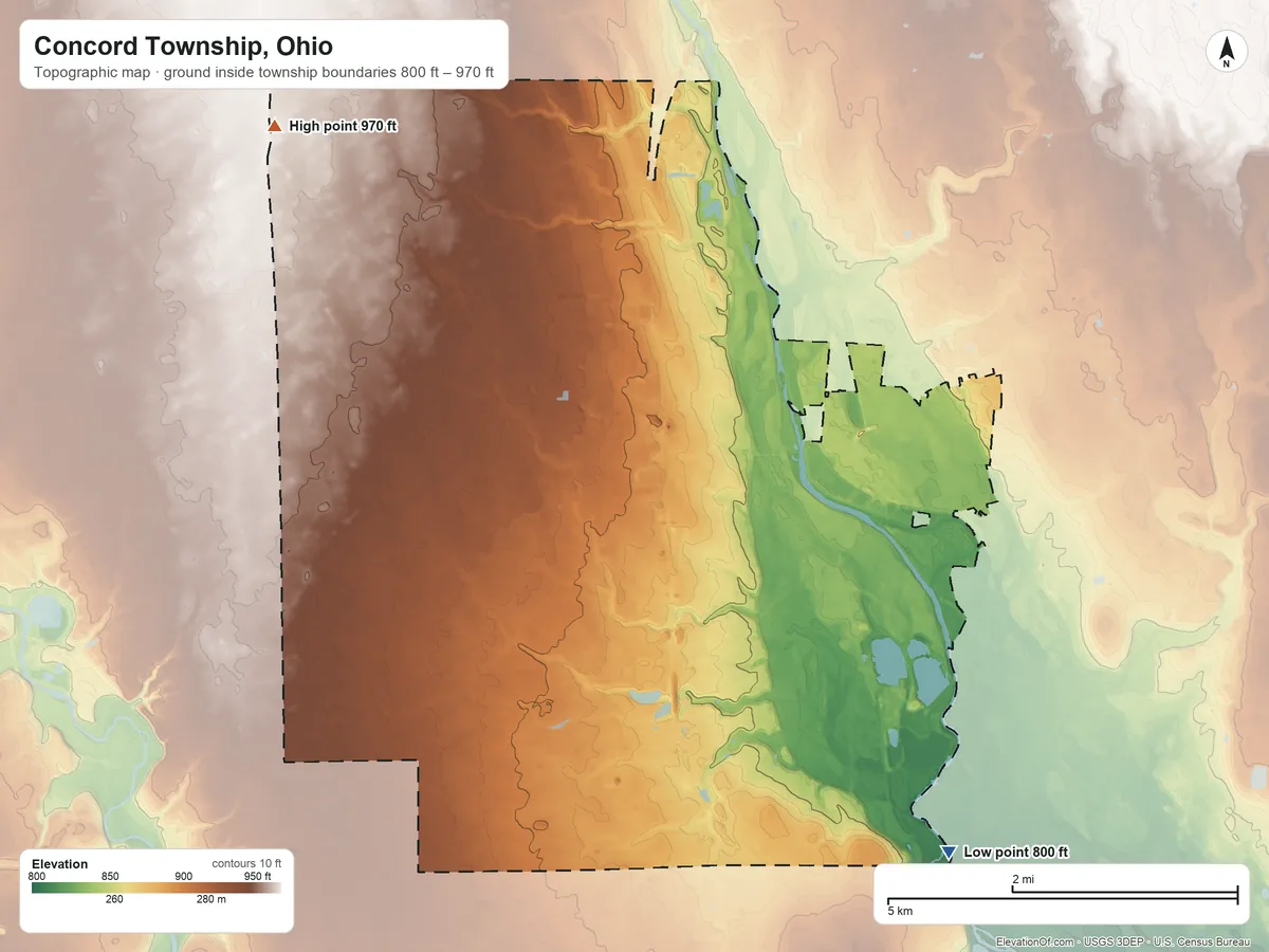 Topographic elevation map of Concord Township, Ohio, shaded from 800 ft on the southeast side to 970 ft on the northwest side