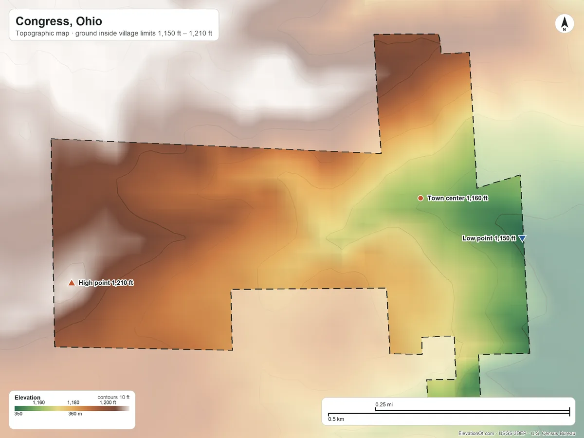 Topographic elevation map of Congress, Ohio, shaded from 1,150 ft on the east side to 1,210 ft on the west side