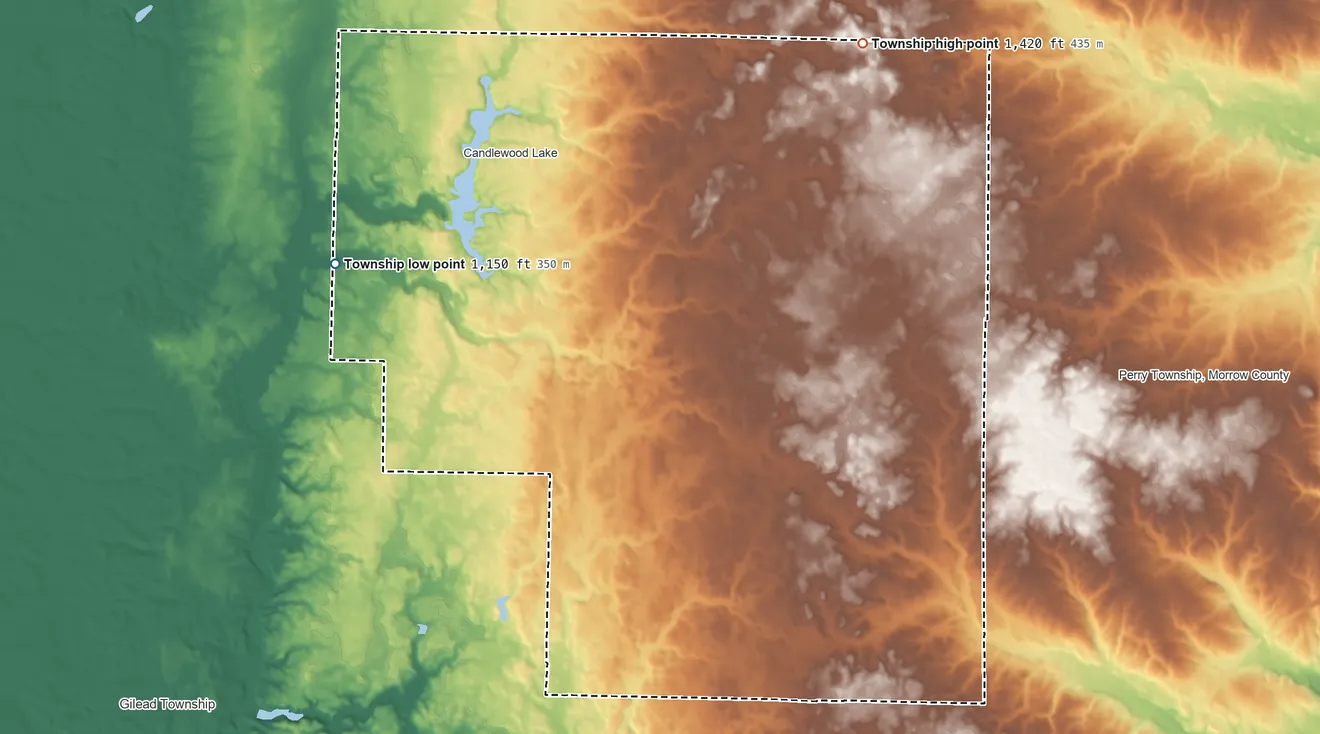 Topographic elevation map of Congress Township, Morrow County, Ohio, shaded from 1,150 ft on the west side to 1,420 ft on the northeast side